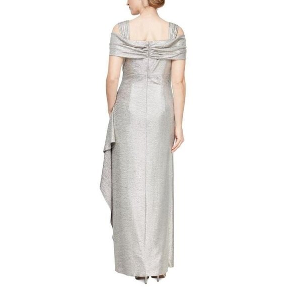 NEW Alex Evenings Womens Long Glitter Mesh Cold Shoulder Dress sz 12 silver - Picture 2 of 2
